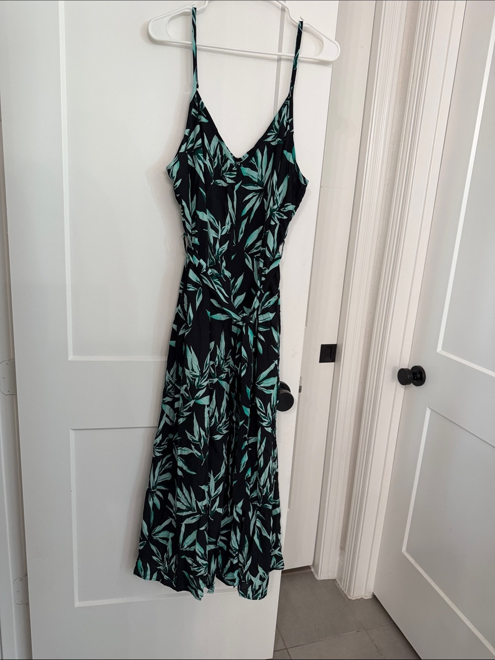 Black Maxi Dress with Teal Leaf Print - Sleeveless V-Neck